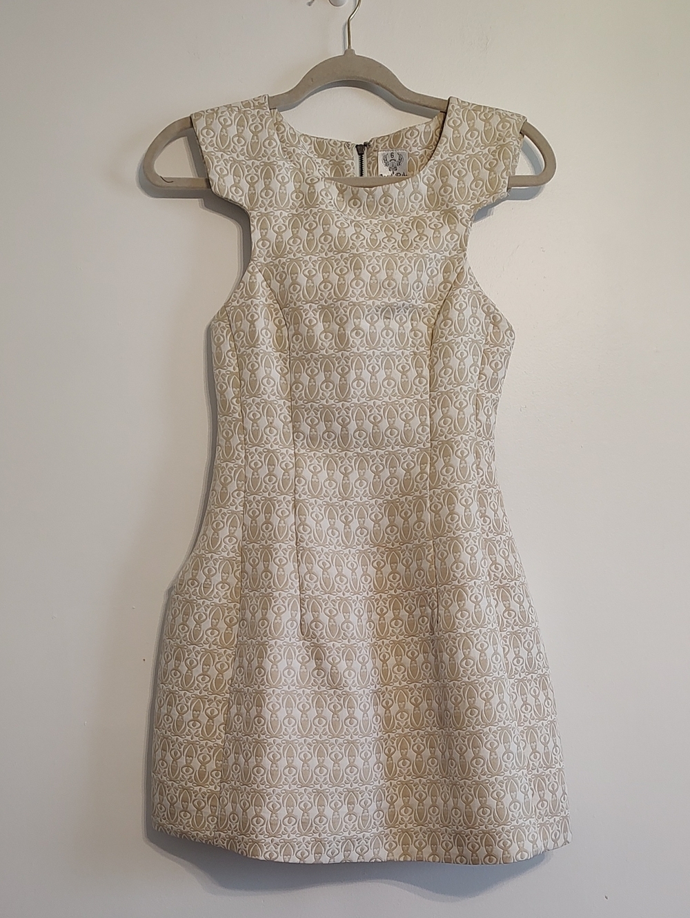 Structured Cap Sleeve Jacquard Dress in Cream -  Cotton Blend